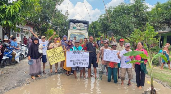 Warga Palas Lampung Selatan melakukan aksi mengkritik kerusakan jalan dengan menabur Lele di kubangan jalan. | ist