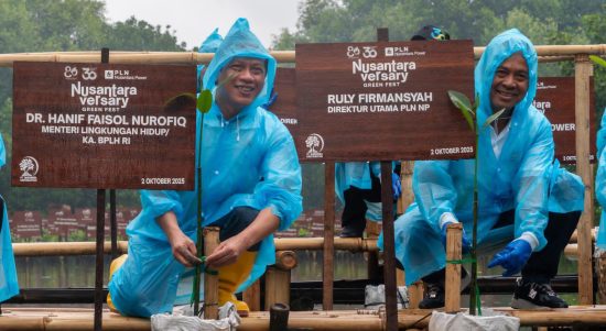 Hujan tidak menghalangi Menteri Lingkungan Hidup, Dr. Hanif Faisol Nurofiq (kiri) bersama Direktur Utama PLN Nusantara Power Ruly Firmansyah (kanan) menanam bibit mangrove dalam acara Nusantaraversary Green Fest pada Kamis (2/10) di Taman Wisata Angke Kapuk, Jakarta Utara.